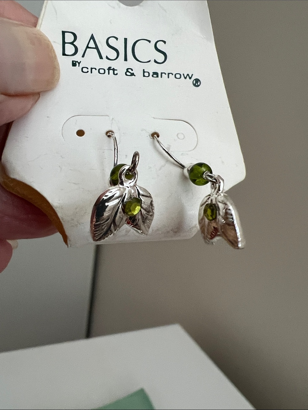 croft & barrow - Silver Tone Leaf Dangle Earrings with Olive Beads - Vintage NWT